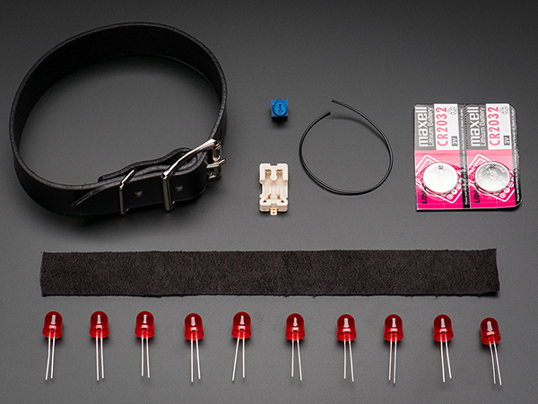 디바이스마트,MCU보드/전자키트 > 전원/신호/저장/응용 > 웨어러블 > 보드/모듈/키트,Adafruit,Punk LED Collar Kit - Red LEDs [ada-1454],웨어러블 초커(LED 목 장식) / 검은색 가죽 끈 (30~38cm) + LED(빨강, 10 x 10mm) 조합 / CR2032 하나로 충분합니다. / 배터리 포함