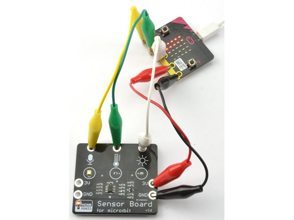 디바이스마트,오픈소스/코딩교육 > Micro:Bit > 센서/모듈,Pimoroni,마이크로비트 온도/조도/음량 센서보드 Sensor for micro:bit [MNK00062],마이크로비트용 아날로그 소리센서, 음량센서, 온도센서, 조도센서 통합 보드 / 마이크로비트의 P0, P1, P2와 악어클립 케이블로 간단 연결 / LED 전원 인디케이터 내장