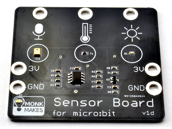 디바이스마트,오픈소스/코딩교육 > Micro:Bit > 센서/모듈,Pimoroni,마이크로비트 온도/조도/음량 센서보드 Sensor for micro:bit [MNK00062],마이크로비트용 아날로그 소리센서, 음량센서, 온도센서, 조도센서 통합 보드 / 마이크로비트의 P0, P1, P2와 악어클립 케이블로 간단 연결 / LED 전원 인디케이터 내장
