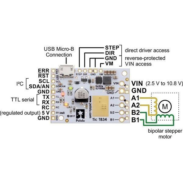 디바이스마트,기계/제어/로봇/모터 > 모터드라이버 > 스테핑모터 드라이버,Pololu,Tic T834 USB Multi-Interface Stepper Motor Controller (Connectors Soldered) #3132,스테핑 모터 컨트롤러 (커넥터 포함) / Tic T834 USB 멀티 인터페이스 / TI DRV8834 드라이버 통합 / 작동전압: 2.5V~10.8V / 최대 약 1.5A 공급 / male headers, terminal blocks 포함
