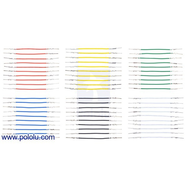 디바이스마트,케이블/전선 > 점퍼/하네스/악어/바나나 > 점퍼 와이어/케이블,Pololu,Wires with Pre-Crimped Terminals 60-Piece 6-Color Assortment M-M 2" #3965,터미널용 클림프 전선 / M-M 타입 / 양쪽 터미널 / 규격 : 26 AWG / 길이 : 5cm (2인치) / 색상 : black, red, yellow, green, blue, white / 수량 : 색상 별 각 10개 x 6 = 60개