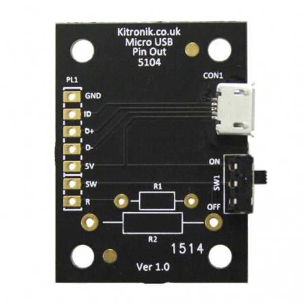 디바이스마트,MCU보드/전자키트 > 통신/네트워크 > USB관련,Kitronik,Micro USB 브레이크아웃 보드 [KIT-5104],0.1' 간격으로 PCB의 대형 납땜 패드에 연결되므로 모든 USB 전원 및 데이터 핀에 쉽게 액세스 할 수 있습니다. / 전원스위치가 있음