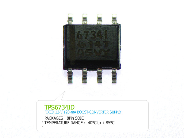 디바이스마트,반도체/전자부품 > 파워관리 IC(PMIC) > 전압 조정기(Voltage Regulators) > 리니어 레귤레이터(LDO),Texas Instruments,TPS6734ID,Fixed 12V/120mA Boost Convert Supply, 입력: 3.75V ~ 12V 출력: 12V