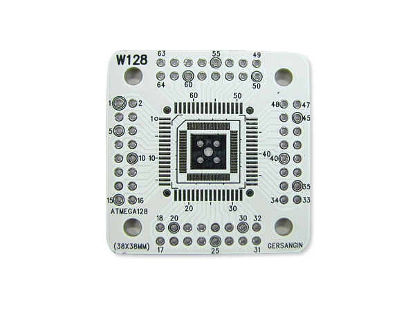 디바이스마트,커넥터/PCB > PCB기판/관련상품 > IC 변환기판 > QFP,거상인,[W128] ATMEGA128_White QFP64 - 0.8mm 변환기판,Type : QFP ,Pitch : 0.8mm , Pin : 64 , Hole : 2.54mm , Size : 38 * 38 , METERIAL : FR-4 , PSR :  White , ATMEGA 128, ATMEGA 128L(저전압용)