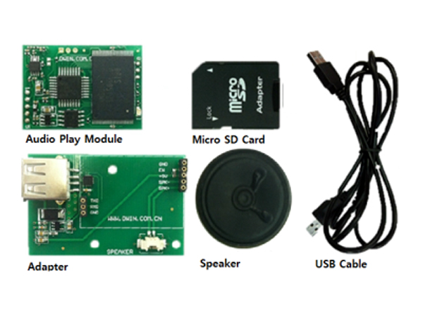 디바이스마트,MCU보드/전자키트 > 음악/앰프/녹음 > 악기/알람/소리재생,DWIN,EKT1G08A 오디오 재생 테스트 키트,구성품[ 오디오 모듈, Adapter, Micro SD 카드, 스피커, USB Cable], Windows 및 다른 음원 녹음 프로그램 사용, 모튤 사양 [ 전압:DC3.0-5.2V, 전류:600mA(3W 출력), 동작온도:40-+85℃, 인터페이스:3.3VTTL/CMOS, 스피커 출력 전압: 1W( DC 3V 입력 )/3W(DC 5V입력 ), 128M NAND Flash, 리셋 대역폭: 20Hz-16Hz, Micro SD 카드, FAT32 Format