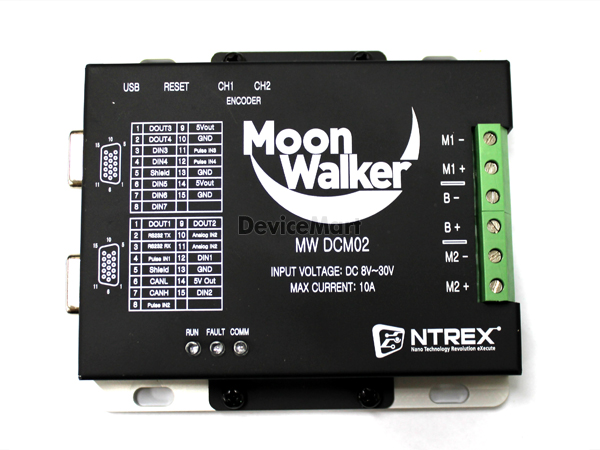 디바이스마트,기계/제어/로봇/모터 > 모터드라이버 > 브랜드(MoonWalker) > Mobile,MoonWalker,[Linux* 지원] MW-MDC24D200D-v2,2채널 DC 모터 드라이버, 8~30V 입력전압, 2X10A 최대 전류, 전압/속도/위치 제어, Serial(RS232/CAN) 통신, Digital Output/Digital Input/Analog Input/Pulse Input 설정, 스크립트(Script) 언어 지원, Motor Control UI 프로그램 지원, 과전압, 과전류 등에 대한 보호 기능 탑재, 2축 구동형 모바일로봇적용 / ROS드라이버 제공