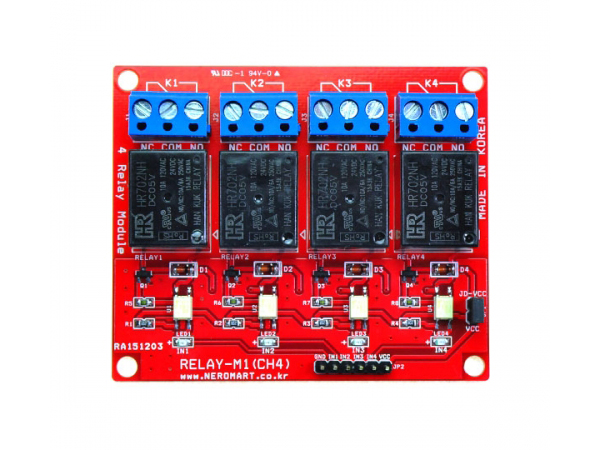 디바이스마트,MCU보드/전자키트 > 전원/신호/저장/응용 > 릴레이,AVRMALL,12V 4CH Relay Module RELAY-M1(CH4)-12V (NER-11351),4 채널 릴레이 모듈 - 12V, 절연회로 적용