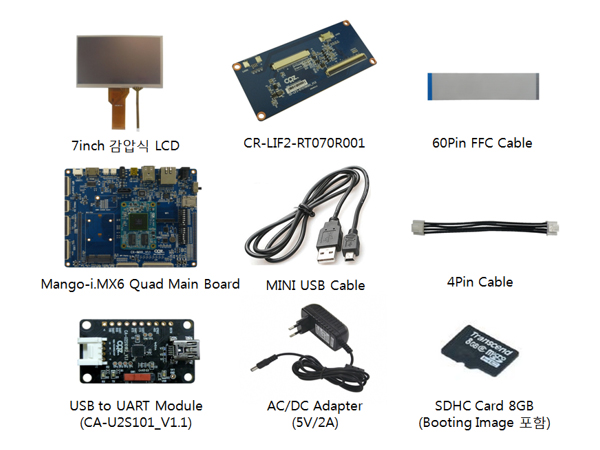 디바이스마트,MCU보드/전자키트 > 디스플레이 > LCD/OLED,(주)씨알지테크놀러지,Mango IMX6Q 7inch 감압식 LCD Start Kit,7inch 감압식 LCD Strat Kit / LCD I.MX 6Quad Processor 1Ghz / 2GB DDR3 SDRAM / Power : DC-JACK 5V 2A / Expansion connector (60x1) : EBI, UART, I2C, GPIO etc