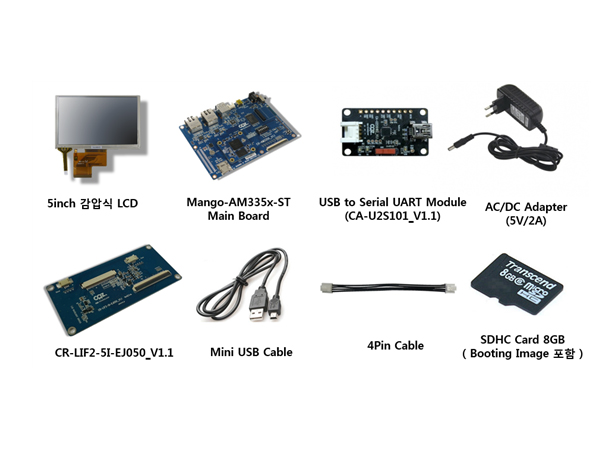 디바이스마트,MCU보드/전자키트 > 디스플레이 > LCD/OLED,(주)씨알지테크놀러지,MangoAM335x-ST 5inch 감압식 LCD Start Kit (5인치 저항막 LCD Start Kit),1GHz TI Sitara AM3358 Cortex-A8 Processor / 512Mbytes DDR3 SDRAM / Giga 이더넷 2 Port 지원 / Wince, Linux , Android OS 지원.
