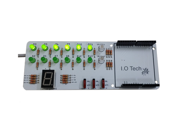 디바이스마트,오픈소스/코딩교육 > 아두이노 > LED/LCD모듈,I.O Tech,[아두이노 쉴드] I. LED (아두이노 기초 LED 모듈),아두이노(Arduino) 우노 보드와 간단히 연결하여 사용할 수 있는 아두이노 쉴드형 모듈 / LED와 7세그먼트, RGB LED 등 LED에 관한 모든 것을 동작시켜 보는 쉴드형 모듈