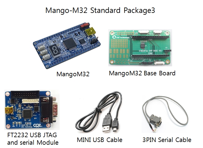 디바이스마트,MCU보드/전자키트 > 프로세서/개발보드 > ARM > Cortex-M3,(주)씨알지테크놀러지,Mango-M32 Standard Package 3 [STM32F103 Cortex-M3 EVB],128KB Flash 메모리인 STM32F103RBT6를 탑재 3축 가속도센서, 대기압센서, 조도센서, GPS, 리모컨 센서 등을 연결하여  다양한 활용이 가능한 보드