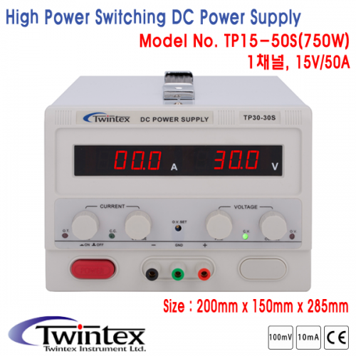 디바이스마트,계측기/측정공구 > 전원공급장치 > DC 파워서플라이,TWINTEX,High Power Switching DC Power Supply, 1채널 DC전원공급기 [TP15-50S],정격 전압 : 0~15V / 정격 전류 : 0~50A / 정격 전력 : 750W / 무게 : 3.3Kg / 크기 : 200mm X 150mm X 285mm