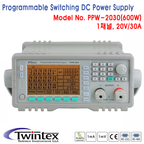 디바이스마트,계측기/측정공구 > 전원공급장치 > 프로그래머블,TWINTEX,Programble Switching DC Power Supply, 1채널 프로그래머블 DC전원공급기 [PPW-2030],정격 전압 : 0~20V / 정격 전류 : 0~30A / OVP : 0.1~24V / OCP : 0.1~34A