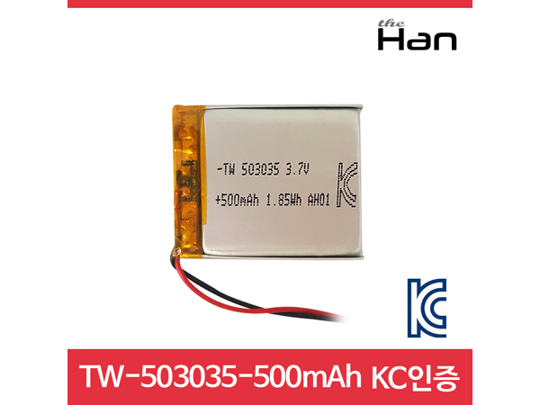 디바이스마트,전원/파워/배터리 > 배터리/배터리홀더 > 배터리팩 Pack > 리튬폴리머 Li-Po,주식회사 더한,500mAh KC인증 리튬폴리머 배터리 [TW503035],제조사 : 더한 / 전압 : 3.7V / 용량 : 500mAh / 소재 Li-Po / 출력단자 : A1251-02 / 특징 : 사이즈 : 35mm X 30mm