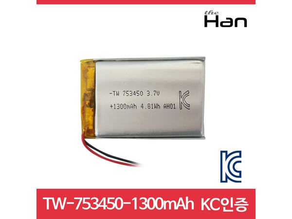디바이스마트,전원/파워/배터리 > 배터리/배터리홀더 > 배터리팩 Pack > 리튬폴리머 Li-Po,주식회사 더한,1300mAh KC인증 리튬폴리머 배터리 [TW753450],제조사 : 더한 / 전압 : 3.7V / 용량 : 1300mAh / 소재 Li-Po / 출력단자 : A1251-02 / 특징 : 사이즈 : 50mm X 34mm