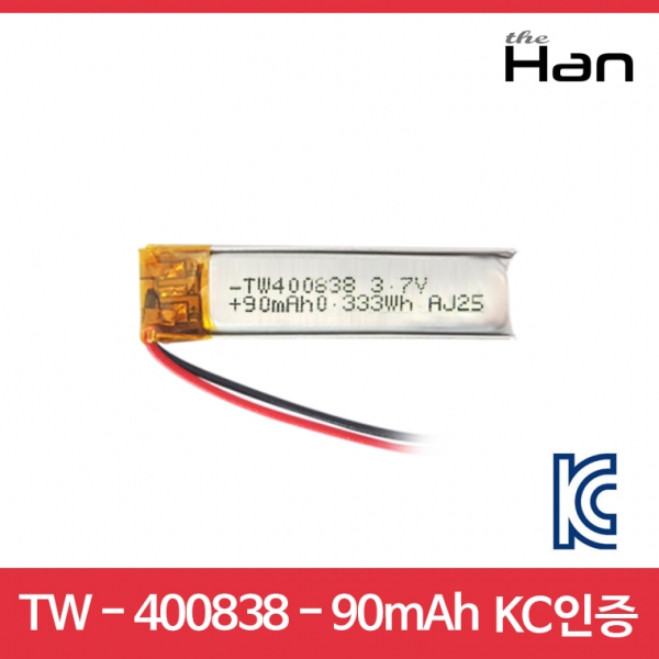 디바이스마트,전원/파워/배터리 > 배터리/배터리홀더 > 배터리팩 Pack > 리튬폴리머 Li-Po,주식회사 더한,90mAh KC인증 리튬폴리머 배터리 [TW400838],제조사 : 더한 / 전압 : 3.7V / 용량 : 90mAh / 소재 Li-Po / 출력단자 : A1251-02 / 특징 : 사이즈 : 0.8cm X 3.8cm