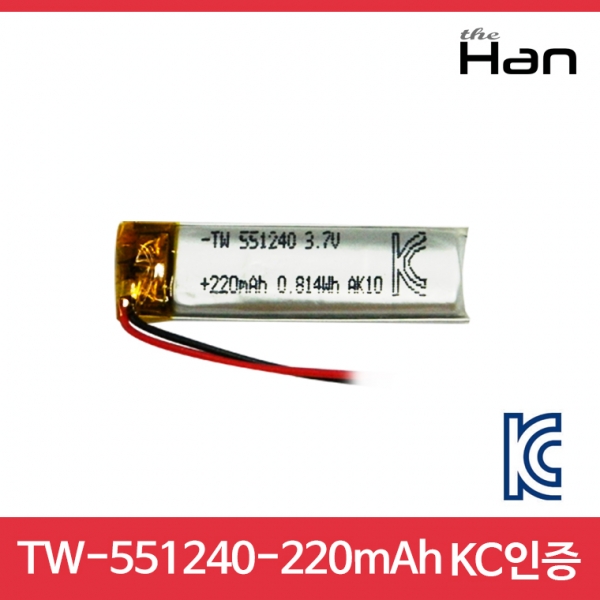 디바이스마트,전원/파워/배터리 > 배터리/배터리홀더 > 배터리팩 Pack > 리튬폴리머 Li-Po,주식회사 더한,220mAh KC인증 리튬폴리머 배터리 [TW551240],제조사 : 더한 / 전압 : 3.7V / 용량 : 220mAh / 소재 Li-Po / 출력단자 : A1251-02 / 특징 : 사이즈 : 1.2cm X 4.0cm
