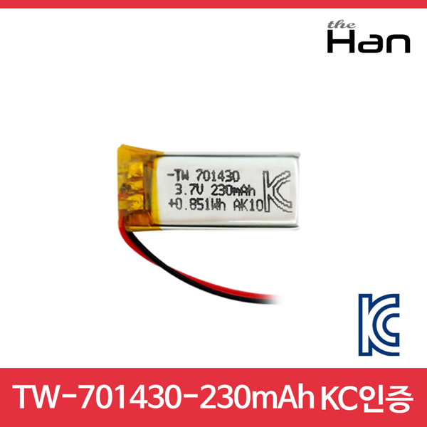 디바이스마트,전원/파워/배터리 > 배터리/배터리홀더 > 배터리팩 Pack > 리튬폴리머 Li-Po,주식회사 더한,230mAh KC인증 리튬폴리머 배터리 [TW701430],제조사 : 더한 / 전압 : 3.7V / 용량 : 230mAh / 소재 Li-Po / 출력단자 : A1251-02 / 특징 : 사이즈 : 1.4cm X 3.0cm