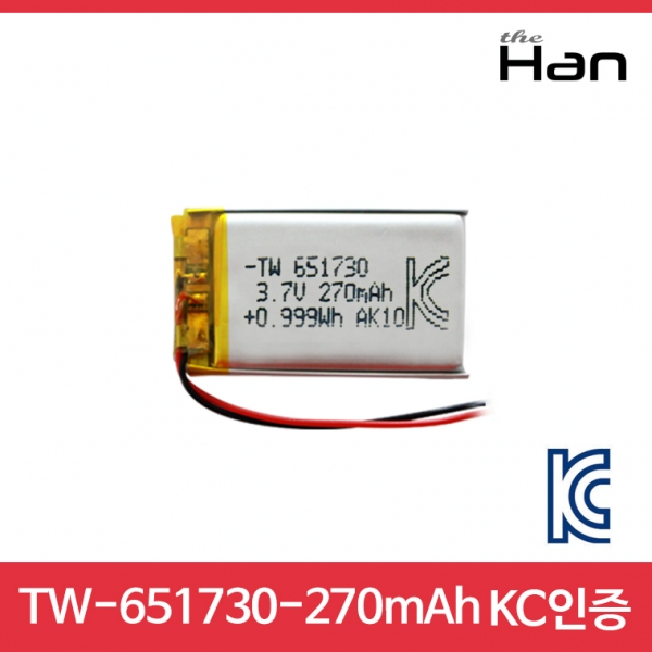디바이스마트,전원/파워/배터리 > 배터리/배터리홀더 > 배터리팩 Pack > 리튬폴리머 Li-Po,주식회사 더한,270mAh KC인증 리튬폴리머 배터리 [TW651730],제조사 : 더한 / 전압 : 3.7V / 용량 : 270mAh / 소재 Li-Po / 출력단자 : A1251-02 / 특징 : 사이즈 : 1.7cm X 3.0cm