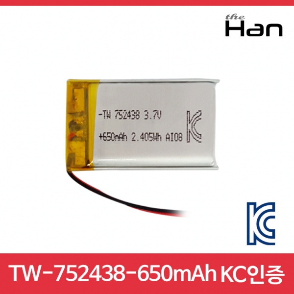 디바이스마트,전원/파워/배터리 > 배터리/배터리홀더 > 배터리팩 Pack > 리튬폴리머 Li-Po,주식회사 더한,650mAh KC인증 리튬폴리머 배터리 [TW752438],제조사 : 더한 / 전압 : 3.7V / 용량 : 650mAh / 소재 Li-Po / 출력단자 : A1251-02 / 특징 : 사이즈 : 2.4cm X 3.8cm