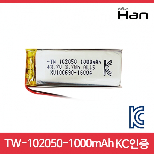 디바이스마트,전원/파워/배터리 > 배터리/배터리홀더 > 배터리팩 Pack > 리튬폴리머 Li-Po,주식회사 더한,1000mAh KC인증 리튬폴리머 배터리 [TW102050],제조사 : 더한 / 전압 : 3.7V / 용량 : 1000mAh / 소재 Li-Po / 출력단자 : A1251-02 / 특징 : 사이즈 : 2.0cm X 5.0cm