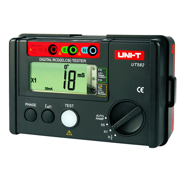 디바이스마트,계측기/측정공구 > 전기/전자 계측기 > 검전기,UNI-T,디지털 RCD 테스터기 UT582,UNI-T’s UT582 is a 1000-count digital RCD (ELCB) tester with phase switch, connections check, AUTO RAMP, disconnect buzzer, Over-range display and more.