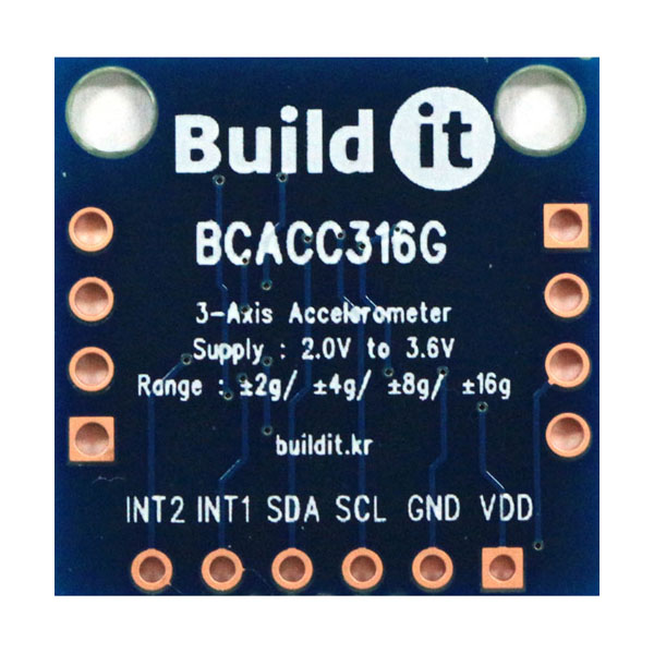 디바이스마트,MCU보드/전자키트 > 센서모듈 > 가속도/자이로/지자기 > 가속도,(주)빌드잇,3축 가속도 센서[BCACC316G],저전력으로 구동되는 고성능 3축 가속도 센서 모듈 입니다.