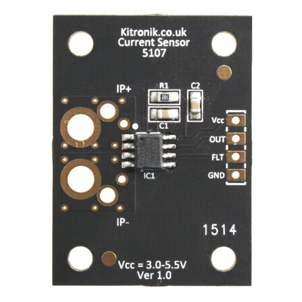 디바이스마트,MCU보드/전자키트 > 센서모듈 > 전류/전압,Kitronik,ACS711 전류 센서 모듈 [KIT-5107],ACS711을 사용하며 -25A ~ 25A 범위의 전류를 측정하는데 사용할 수 있음 / 보드는 마이크로 컨트롤러에 쉽게 연결할 수 있으며 3V 또는 5V에서 작동 / 디지털 전류 미터, Motor stall 감지, 과부하 보호 등에 활용