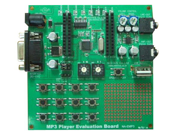 디바이스마트,MCU보드/전자키트 > 음악/앰프/녹음 > MP3/음악재생,네오틱스,NA-MP3M 개발자 유니트(NA-EMP3),NA-EMP3 는 판매중인 MP3 모듈(NA-MP3M)용 개발자 Demo Board 로서 MP3 모듈의 정확한 사용법과 응용 사용이 가능하도록 개발되어진 회로입니다.( Computer(PC) 또는 Micom(MCU)로 NA-MP3M 모듈을 제어하거나, 스위치 버튼을 사용하여 MP3 모듈을 제어할 수 있습니다. )