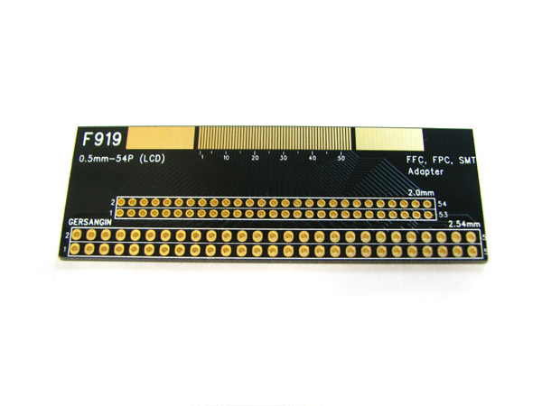 디바이스마트,커넥터/PCB > PCB기판/관련상품 > IC 변환기판 > SMT/FFC/FPC,거상인,[F919] FFC-0.5mm-54pin (LCD) Adapter,Type : FFC, FPC, SMT Adapter (LCD) , Pitch : 0.50mm , Pin : 54 , Hole : 2.00  ↔ 2.54mm , Size : 25 * 72 , METERIAL : FR-4 , ALL GOLD