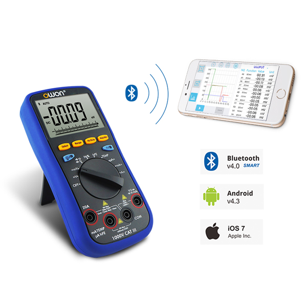 디바이스마트,계측기/측정공구 > 전기/전자 계측기 > 휴대형멀티미터,OWON,디지털 멀티 미터 B35+,3 in 1 기능: 데이터 로거 + 멀티 미터 + 온도계, 모바일 앱을 통해 다중 연결 (두 개 이상의 기기) 지원, 음성 경고 지원으로 안전한 측정,스마트 음성 읽기 가능,3(5/6)-digit full 판독, 스마트 전원 끄기 옵션으로 배터리 수명 연장,실제 RMS 값 측정가능,오프라인 녹화 기능, Bluetooth 2.0 버전(Android 4.0 이상 버전의 휴대 기기를 지원), Bluetooth 4.0 버전(Android 4.3이상 또는 iOS