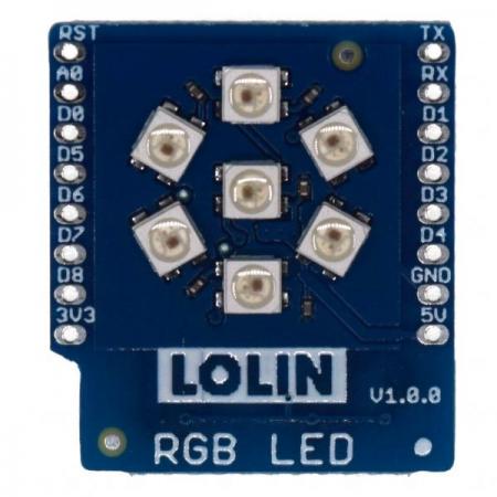 디바이스마트,오픈소스/코딩교육 > 마이크로파이썬 > WeMos > WeMos 정품보드/모듈,WeMos,[정품] WeMos D1 Mini용 WS2812B RGB LED 실드 RGB LED Shield V1.0.0,wemos.cc 공식 판매페이지에서 구매한 정품 /  7개의 WS2812B-3535 24-bit RGB LED / 핀헤더 포함