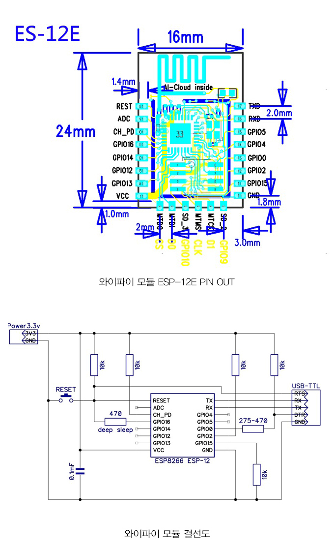 ESP8266-12E는 ESP8266-12의 업그레이드 버전입니다. 아두이노, 라즈베리파이 등에 연결하여 사용하거나, 단독으로 IDE에서도 사용 가능합니다. EMI 차단기능 향상. 작동전압 3.3V 제품(5V인가시 MCU손상)이므로 꼭 3.3V를 공급해주세요.