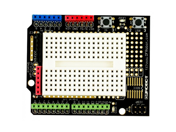 디바이스마트,오픈소스/코딩교육 > 아두이노 > 아두이노 호환쉴드,DFROBOT,Prototyping Shield For Arduino[DFR0019],Arduino Duemilanove와 함께 사용하는 프로토타입의 확장 보드입니다. 부품을 보드에 직접 납땜하거나 미니 브래드 보드를 통하여 회로와 연결할 수 있습니다. 확장보드 상면의 LED 2개와 버튼 회로는 직접 사용할 수 있고  핀과 전원에 연결이 가능합니다.