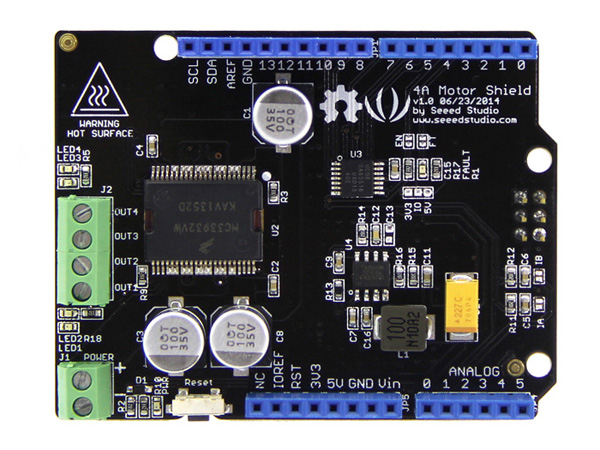 디바이스마트,오픈소스/코딩교육 > 아두이노 > 아두이노 호환쉴드,Seeedstudio,4A Motor Shield [105030004],아두 이노 / Seeeduino 보드와 함께 두 개의 DC 모터 구동 가능