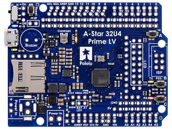 디바이스마트,오픈소스/코딩교육 > 아두이노 > 아두이노 호환보드,Pololu,A-Star 32U4 Prime LV microSD (SMT Components Only) #4006,Atmel’s ATmega32U4 마이크로컨트롤러 기반의 보드. (핀헤더 미포함, USB케이블 별매)