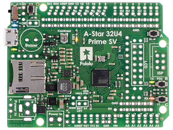 디바이스마트,오픈소스/코딩교육 > 아두이노 > 아두이노 호환보드,Pololu,A-Star 32U4 Prime SV microSD (SMT Components Only) #3112,Atmel’s ATmega32U4 마이크로컨트롤러 기반의 보드. (핀헤더 미포함, USB케이블 별매)
