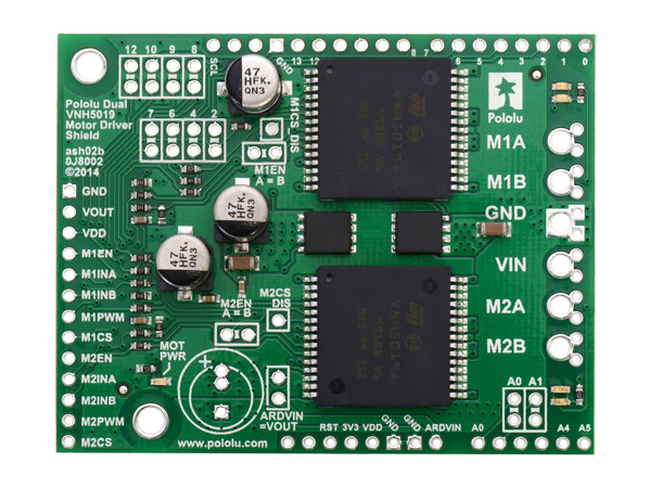 디바이스마트,기계/제어/로봇/모터 > 모터드라이버 > DC모터 드라이버 > 300W 이하 DC모터 드라이버,Pololu,Pololu Dual VNH5019 Motor Driver Shield for Arduino #2507,아두이노 호환, 2채널 VNH5019 모터드라이버 실드. 5.5 ~ 24 V / 12 A ( 최대 30 A)