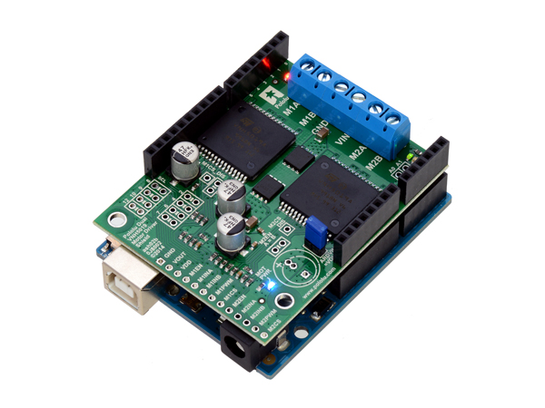 디바이스마트,기계/제어/로봇/모터 > 모터드라이버 > DC모터 드라이버 > 300W 이하 DC모터 드라이버,Pololu,Pololu Dual VNH5019 Motor Driver Shield for Arduino #2507,아두이노 호환, 2채널 VNH5019 모터드라이버 실드. 5.5 ~ 24 V / 12 A ( 최대 30 A)