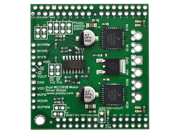 디바이스마트,기계/제어/로봇/모터 > 모터드라이버 > DC모터 드라이버 > 100W 이하 DC모터 드라이버,Pololu,Pololu Dual MC33926 Motor Driver Shield for Arduino #2503,아두이노 호환, 2채널 MC33926 모터드라이버 실드. 5 ~ 28 V / 3 A (최대 5 A)