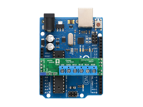 디바이스마트,기계/제어/로봇/모터 > 모터드라이버 > DC모터 드라이버 > 100W 이하 DC모터 드라이버,Pololu,Pololu A4990 Dual Motor Driver Shield for Arduino #2512,아두이노 호환 2채널 A4990 모터드라이버 실드. 6 ~ 32V / 0.65A (최대 0.9A)