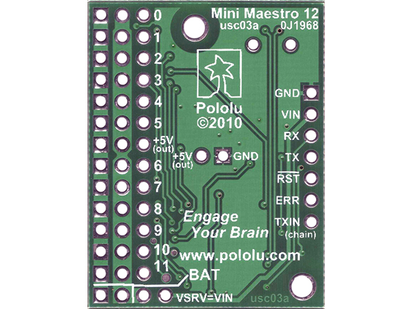디바이스마트,기계/제어/로봇/모터 > 모터드라이버 > 서보모터 드라이버,Pololu,Mini Maestro 18-Channel USB Servo Controller (Assembled) #1354,"약 2.8cm x 4.6cm. 서보컨트롤러 및 I/O 보드. (완제품) 컨트롤 수단 : USB, TTL (5V) serial, 내장된 프로토콜을 통한 배터리 구동. Pulse rate : 1 ~ 333 Hz (설정가능) / Wide pulse range : 64 ~ 4080 μs"