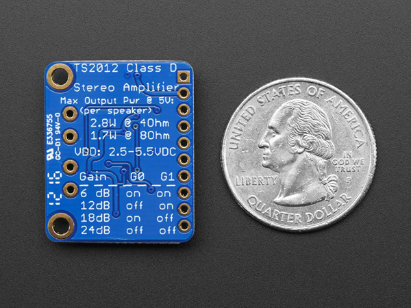 디바이스마트,MCU보드/전자키트 > 음악/앰프/녹음 > 앰프/증폭,Adafruit,Stereo 2.1W Class D Audio Amplifier - TPA2012 [ada-1552],스테레오 앰프, 오디오 증폭기 모듈 / TPA2012사용 / 2 x 2.1W channels into 4Ω impedance speakers / class D controller / 2.7 - 5.5 VDC / 2.1W@4Ω, 10% THD, 1.4W@8Ω, 10% THD, with 5V Supply / 스피커 미포함 (4~8Ω 스피커 권장)