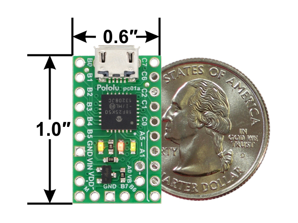 디바이스마트,MCU보드/전자키트 > 프로세서/개발보드 > PIC,Pololu,P-Star 25K50 Micro #3150,Microchip’s PIC18F25K50 microcontroller / 5 V logic / Operating voltage: 5.5 V to 15 V / USB Micro-B interface / 16 digital input/output pins