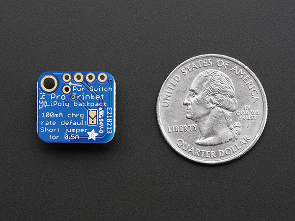 디바이스마트,MCU보드/전자키트 > 전원/신호/저장/응용 > 충전/배터리/전원,Adafruit,Adafruit Pro Trinket LiIon/LiPoly Backpack Add-On [ada-2124],Pro Trinket에 리튬 폴리머 배터리를 연결할 수 있도록 해주는 브레이크아웃 보드 / Lithium Ion/Lithium Polymer 3.7/4.2v battery 사용 가능, 기본 100mA 전류로 충전 세팅(후면 점퍼 납땜을 통해 500mA로 설정 가능)
