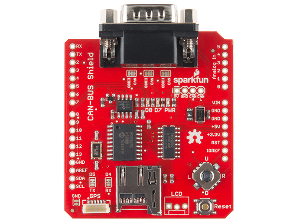 디바이스마트,오픈소스/코딩교육 > 아두이노 > 아두이노 호환쉴드,SparkFun,CAN-BUS Shield [DEV-13262],아두이노에 CAN통신 기능을 부여합니다 / MCP2551 CAN 트랜시버를 이용해 MCP2515 CAN controller를 사용합니다. / CAN연결은 9핀 sub-D와 OBD-II 케이블을 통해서 할수 있습니다