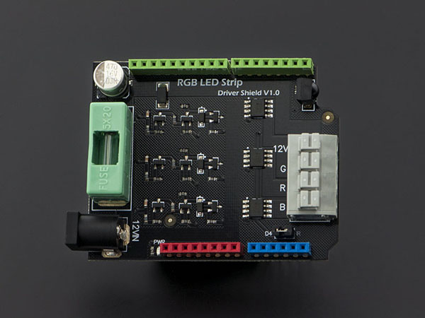 디바이스마트,오픈소스/코딩교육 > 아두이노 > 아두이노 호환쉴드,DFROBOT,RGB LED Strip Driver Shield v1.0 [DFR0274],●Compatible with Arduino Uno，Mega，Romeo, etc / ●Compatible with 12V RGB LED Strip(Common Anode) /●  Recommend working power: 72W （2A per way）