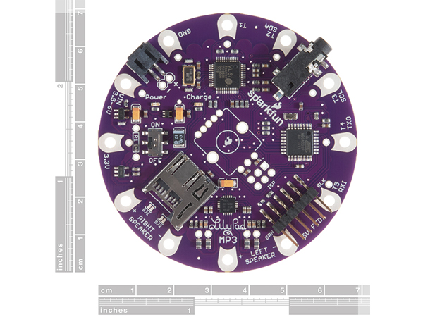 디바이스마트,MCU보드/전자키트 > 전원/신호/저장/응용 > 웨어러블 > 보드/모듈/키트,SparkFun,LilyPad MP3 [DEV-11013],올인원 오디오 솔루션으로 아두이노 호환 마이크로컨트롤러와 MP3 오디오 디코더 칩, microSD소켓, 스테레오 오디오 앰프가 탑재되어 있습니다. 릴리패드 E-textile line으로 의류를 이용한 프로젝트를 진행한다면 의류에 음악을 플레이 시키는 기능을 추가할 수 있습니다.