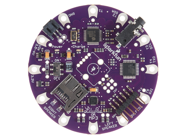 디바이스마트,MCU보드/전자키트 > 전원/신호/저장/응용 > 웨어러블 > 보드/모듈/키트,SparkFun,LilyPad MP3 [DEV-11013],올인원 오디오 솔루션으로 아두이노 호환 마이크로컨트롤러와 MP3 오디오 디코더 칩, microSD소켓, 스테레오 오디오 앰프가 탑재되어 있습니다. 릴리패드 E-textile line으로 의류를 이용한 프로젝트를 진행한다면 의류에 음악을 플레이 시키는 기능을 추가할 수 있습니다.