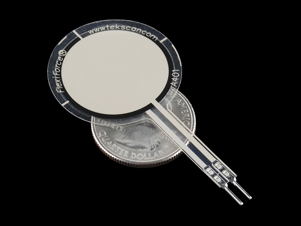 디바이스마트,센서 > 압력/힘(Force)센서 > 압력센서/트랜스듀서,SparkFun,Flexiforce Pressure Sensor - 25lbs (1inch area) [SEN-11207],세게 누를수록 저항값은 무한대에서 50K까지 변합니다. 휘어진다고 해서 저항값이 변하지는 않습니다. 약 11Kg 까지 측정이 가능합니다.